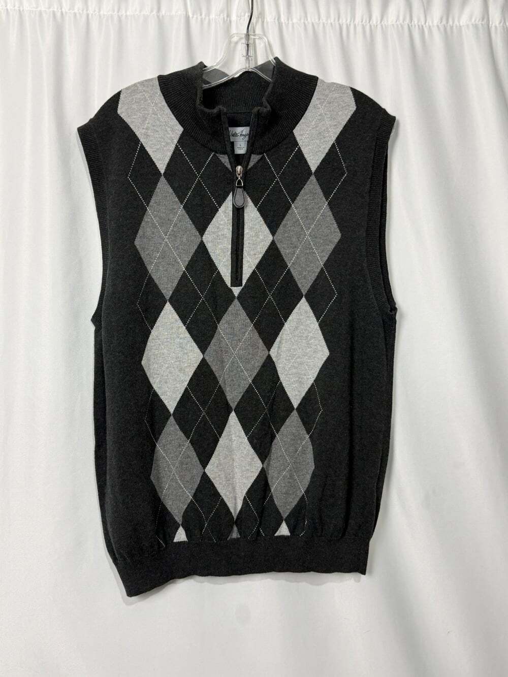 Walter Hagen Mens Sweater Vest Large L Gray Argyle Cotton 1/4 Zip Golf Pullover